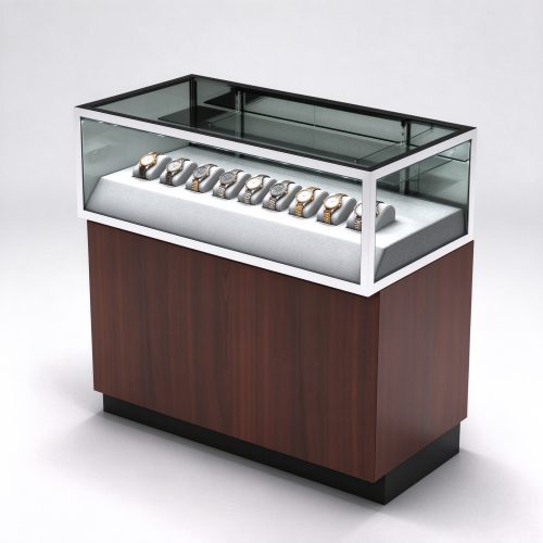 Walnut glass watch counter right 45 view