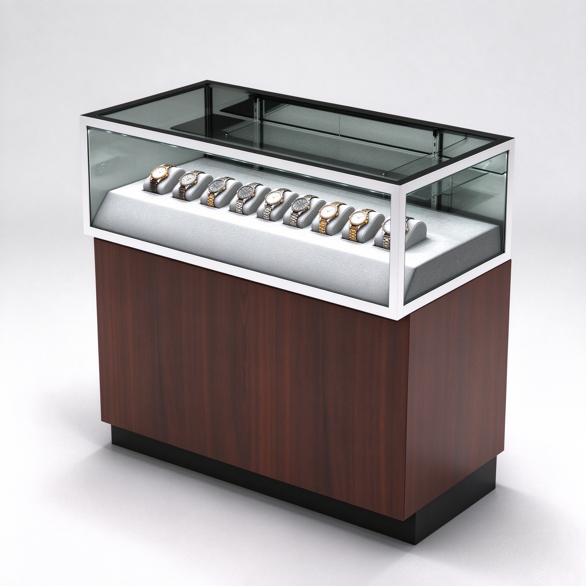 Walnut glass watch counter right 45 view