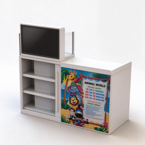 Cashier reception desk with UV printed graphic end panel - right 45 view