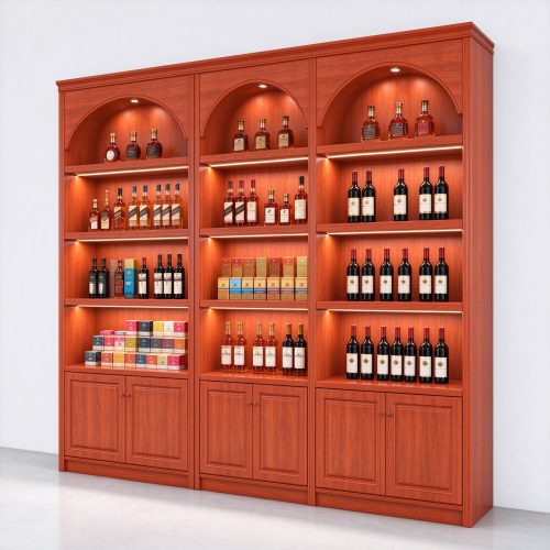 Three-column wooden wine display cabinet with arched niches - right 45 view