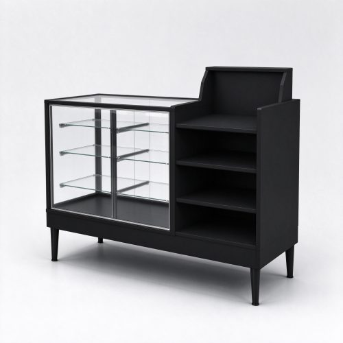 Black glass showcase counter with four adjustable glass shelves - right 45 view