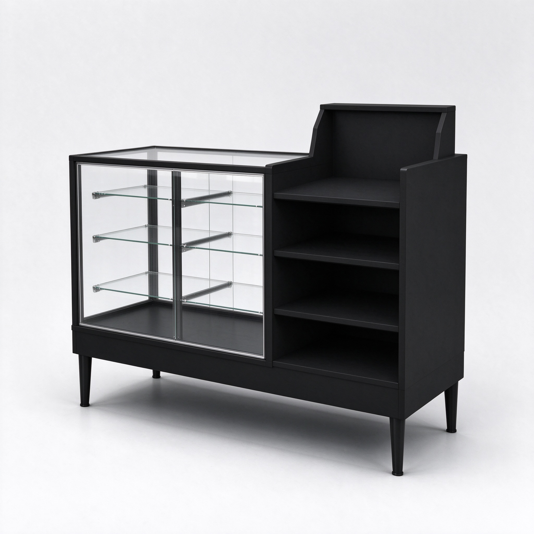 Black glass showcase counter with four adjustable glass shelves - right 45 view