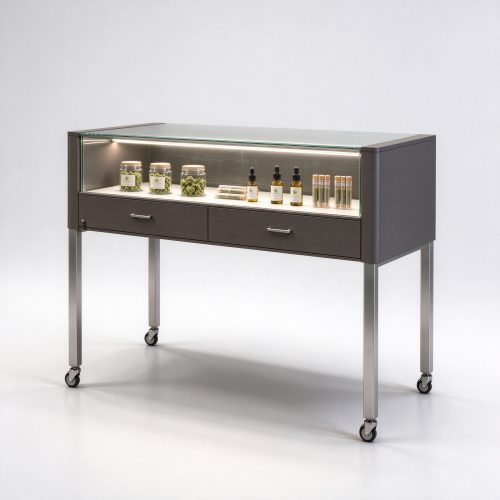 Dark gray-brown cannabis display island with casters right 45 degree angle