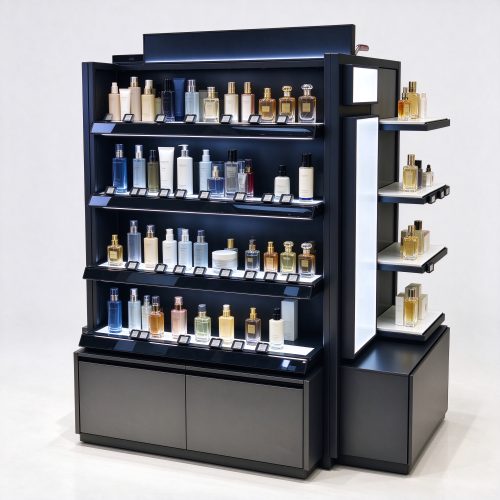 Black metal perfume gondola rack right 45 degree angle view