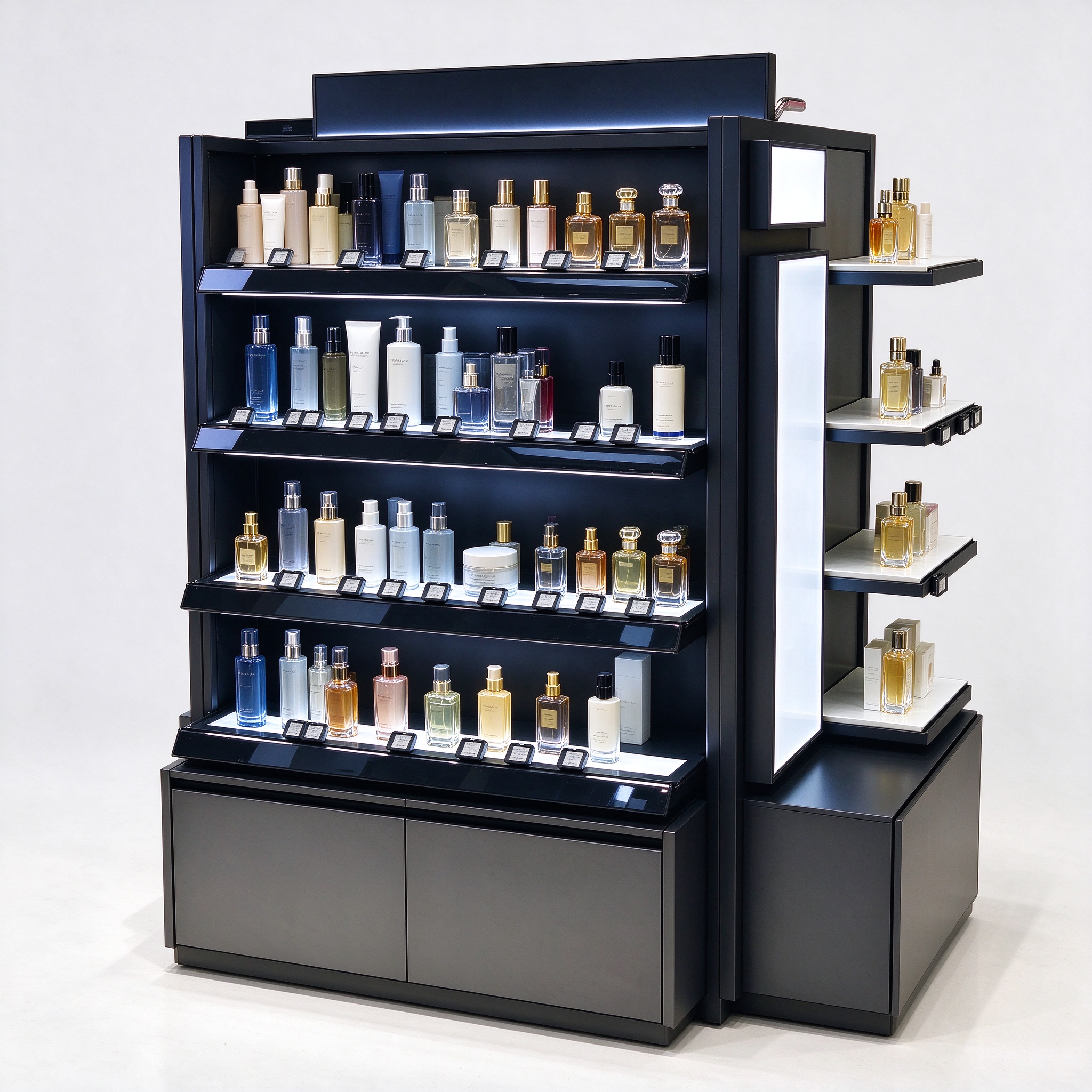 Black metal perfume gondola rack right 45 degree angle view