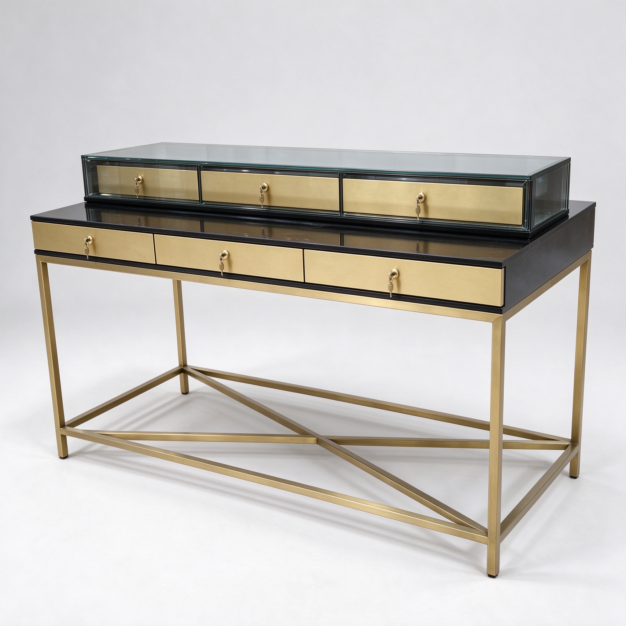 Brushed brass perfume display table right 45 degree view
