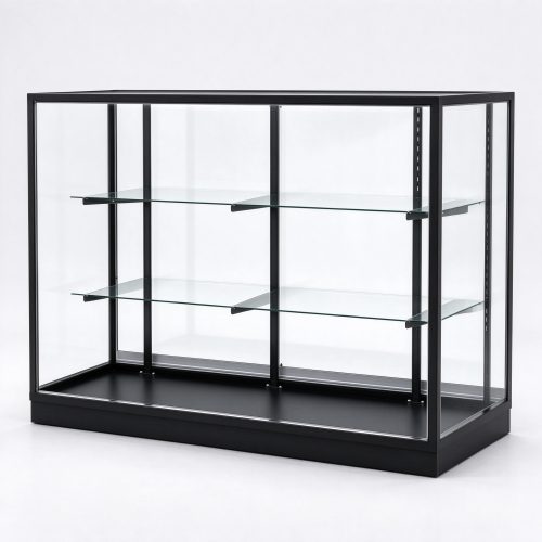 Black metal frame landscape glass display cabinet right 45 degree view
