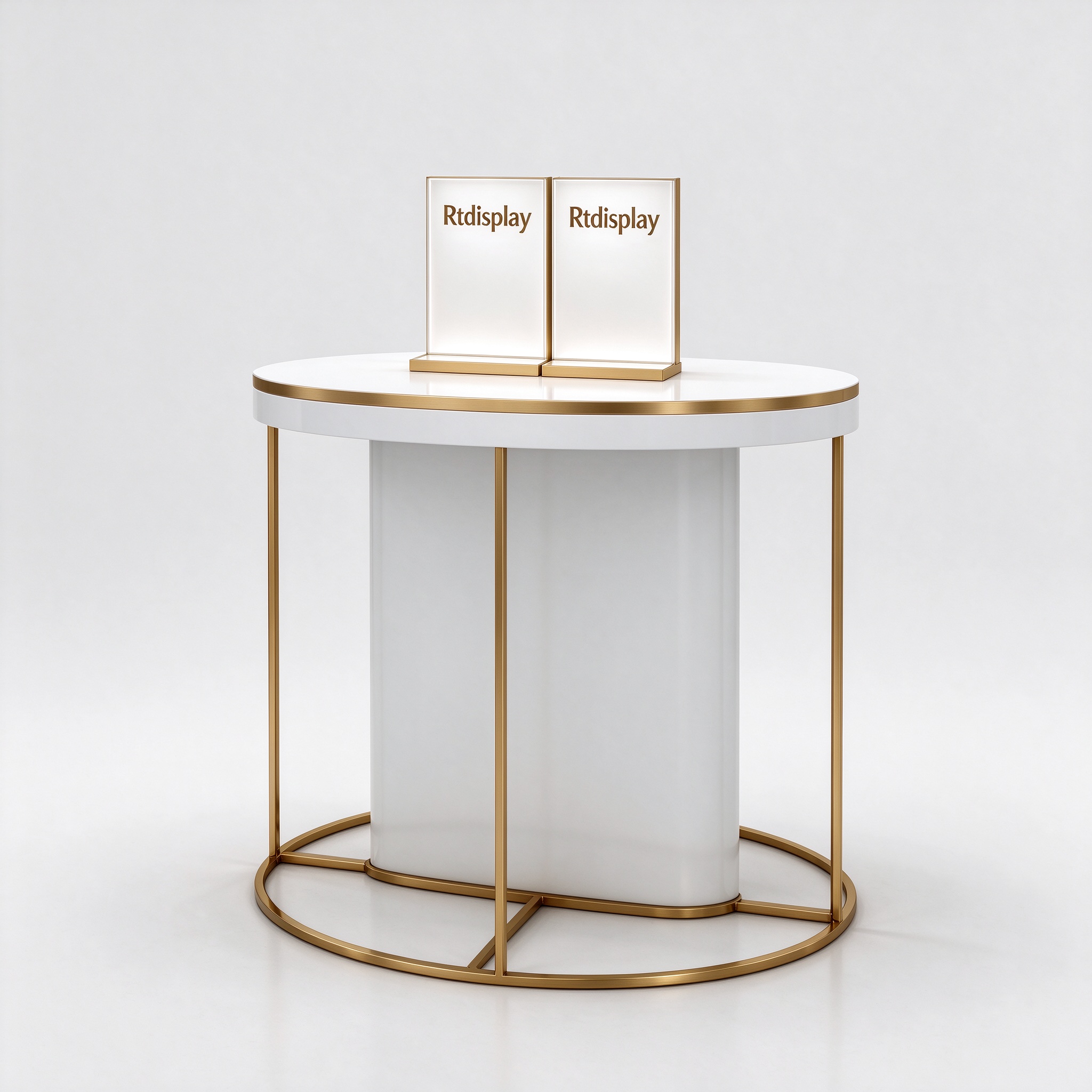 D-shaped white perfume display table right 45 degree view