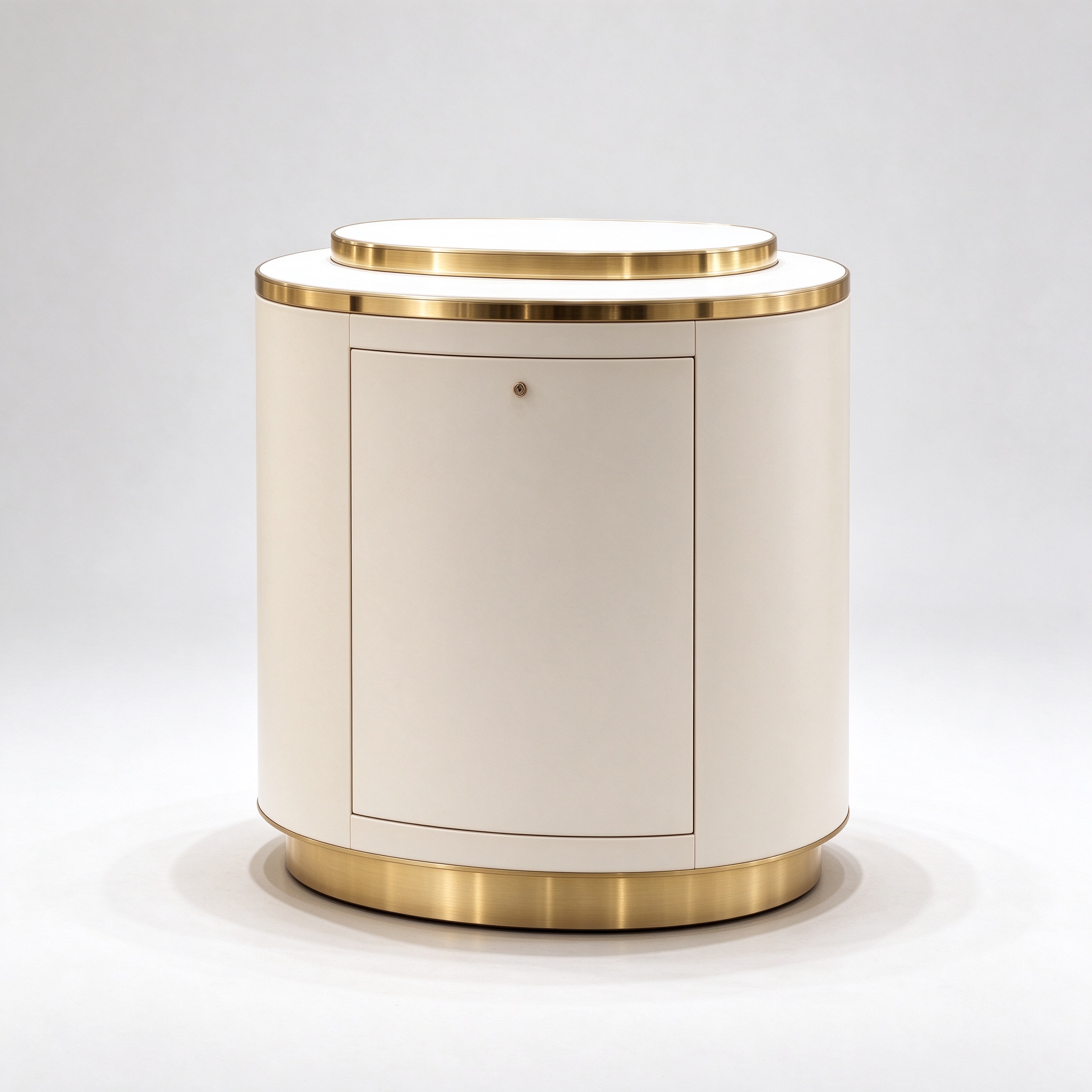 Round cream white perfume display stand right 45 degree view