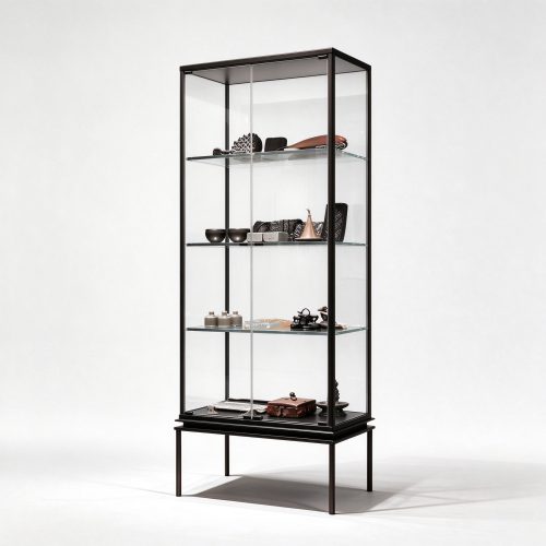 Tall black metal display case glass showcase right 45 degree view