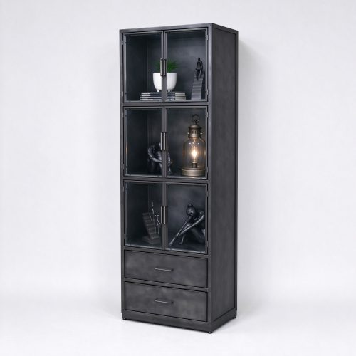 Black metal display cabinet with glass doors right 45 degree view