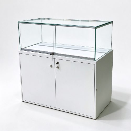 White glass display counter showcase right 45 degree view
