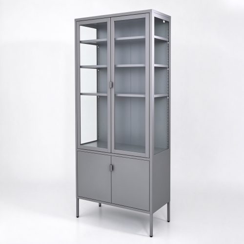 Gray powder-coated metal display cabinet right 45 degree view