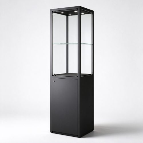 Black powder-coated museum display pedestal right 45 degree view