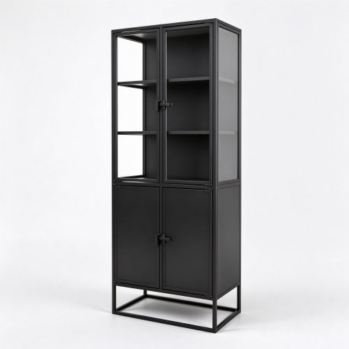 Black powder-coated industrial metal display cabinet right 45 degree view