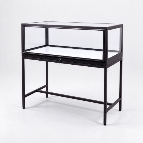 Black powder-coated glass display counter on stand right 45 degree view