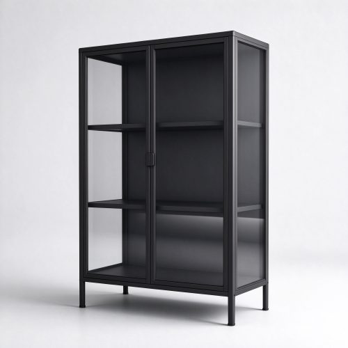 Two-door black steel glass display cabinet right 45 degree view