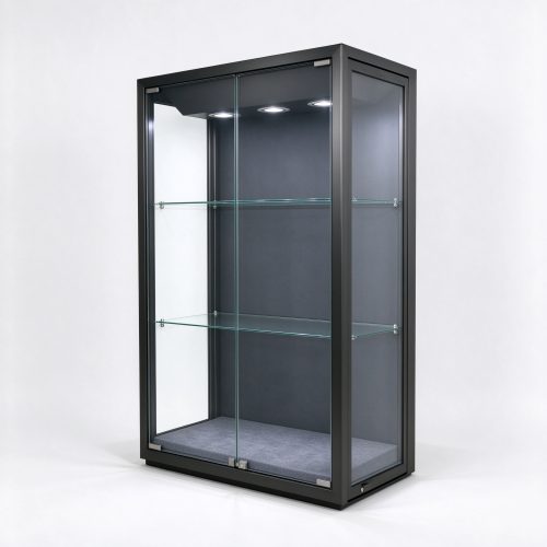 Wall mount black glass display cabinet right 45 degree view
