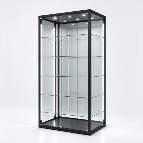Metal frame display showcase tower right 45 degree view