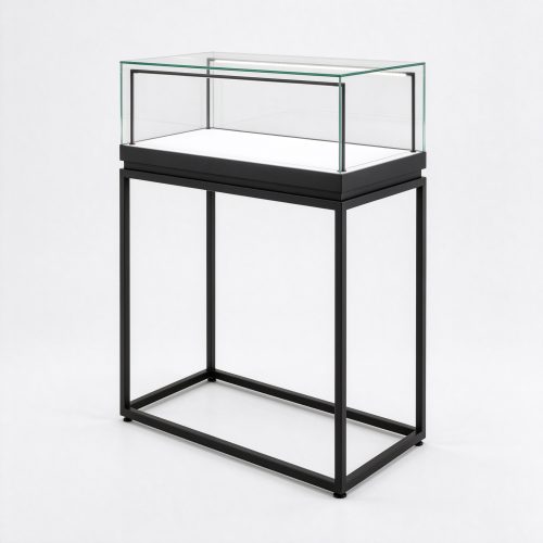Glass display table with black metal stand right 45 degree view