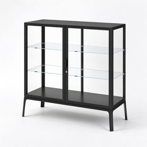 Low black metal glass display cabinet right 45 degree view