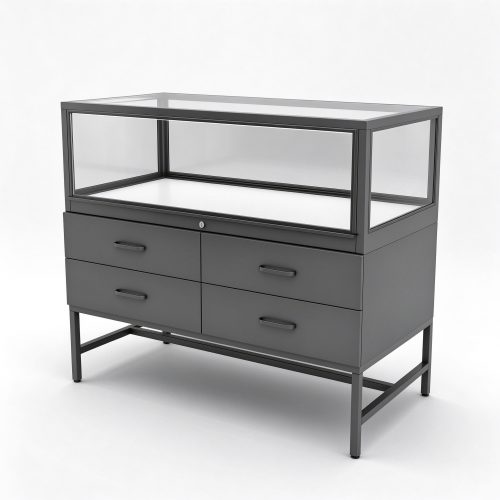 Gray metal glass display counter right 45 degree view