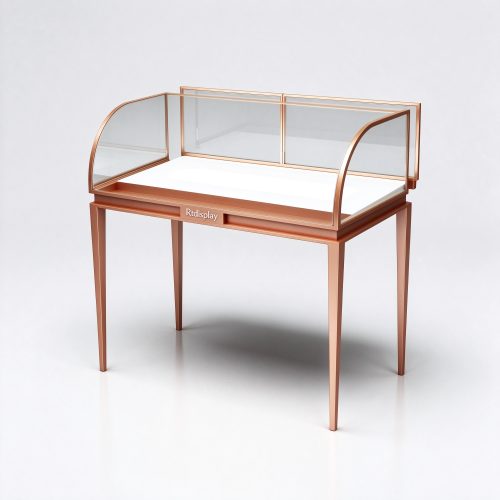 Rose gold curved glass display case right 45 degree view