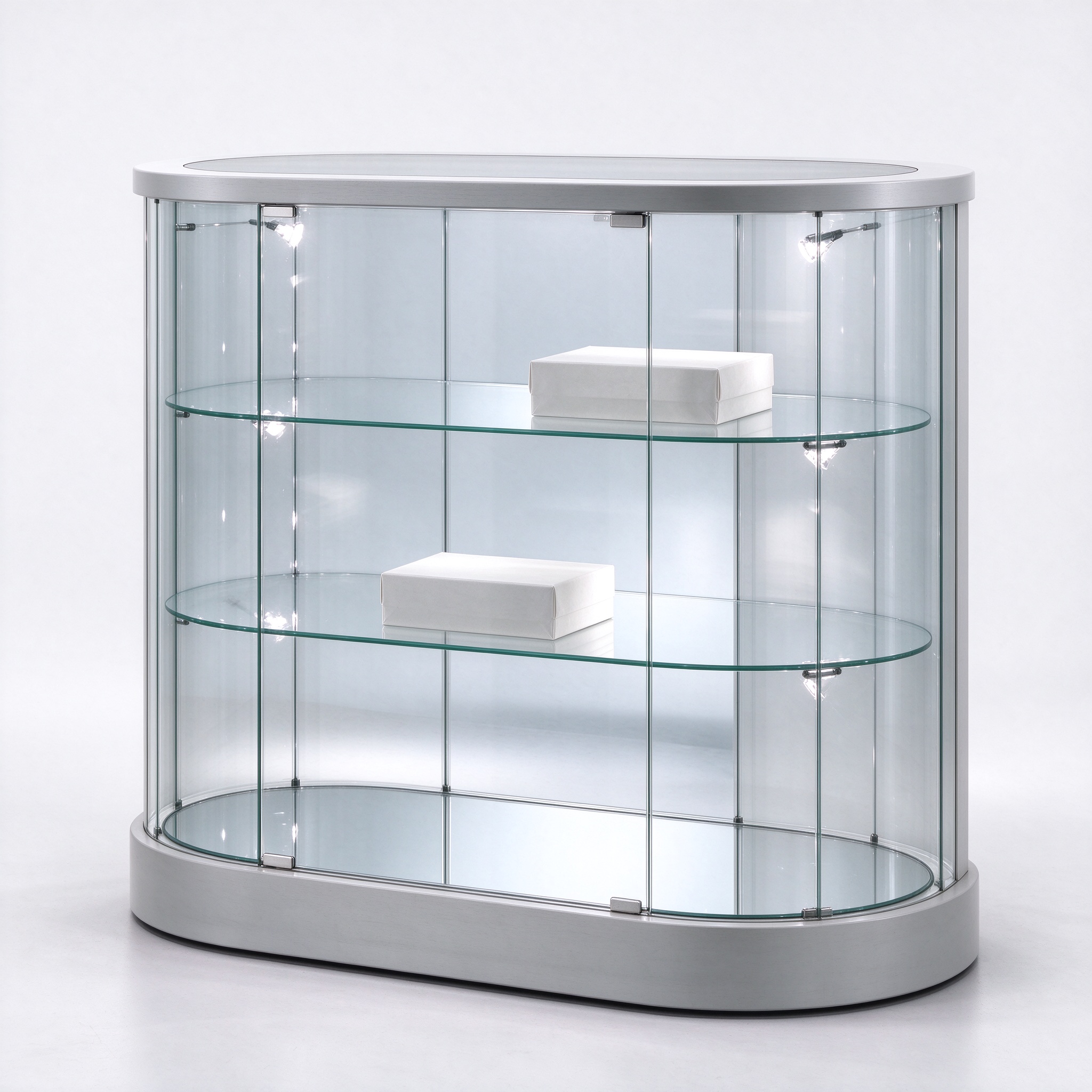 Light gray curved glass display cabinet right 45 view
