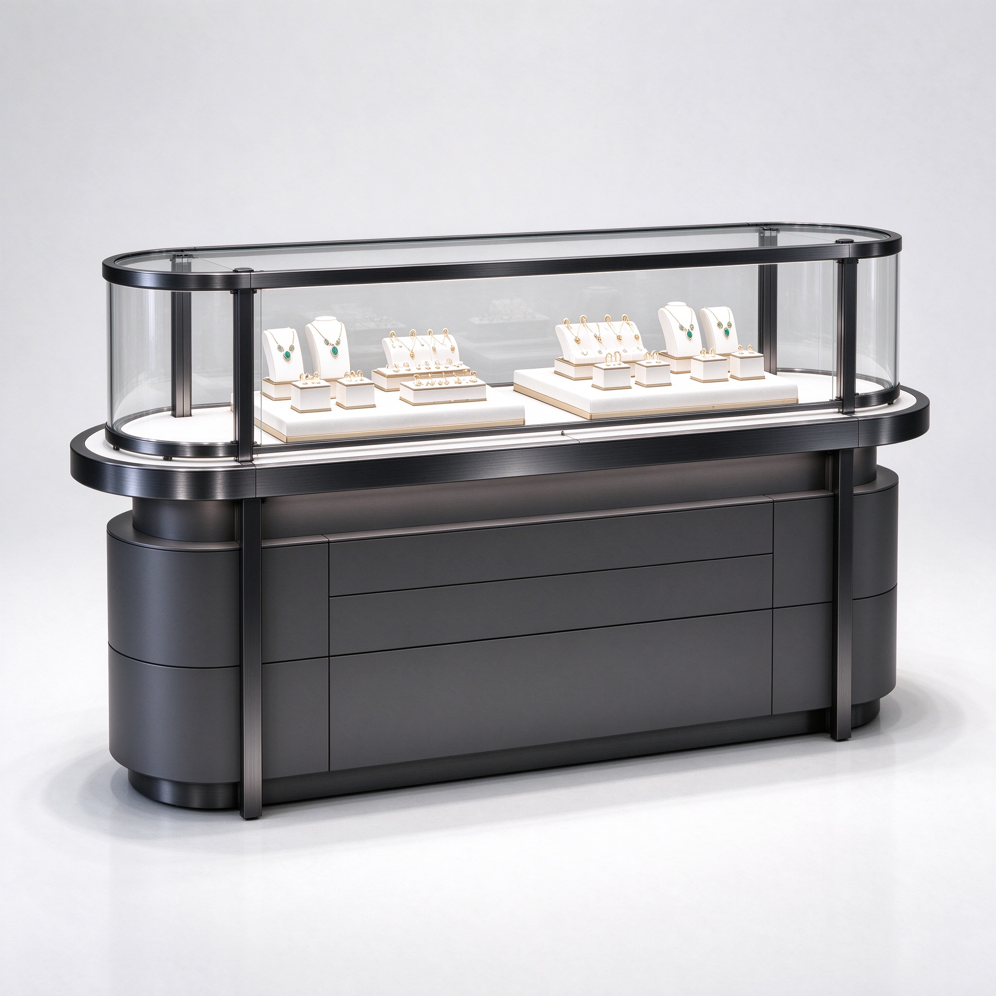 Dark gray curved jewelry display counter black titanium right 45 view