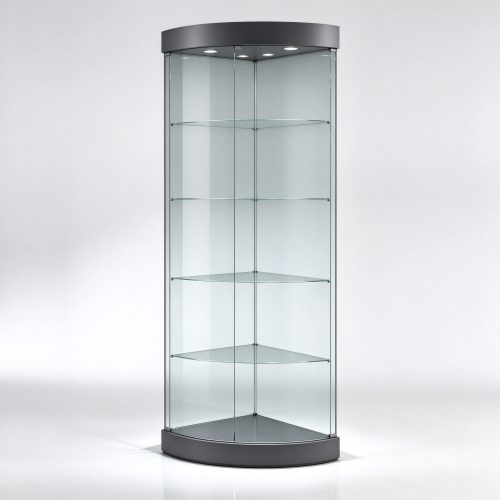 Dark gray curved corner glass display cabinet right 45 view
