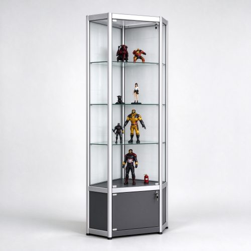 Triangular corner glass display cabinet silver aluminum right 45 view