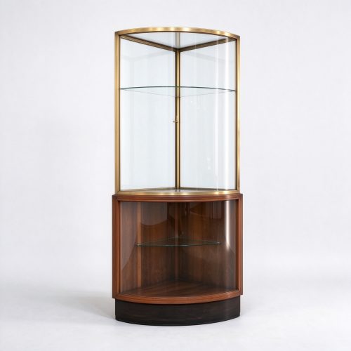 Art Deco curved corner display cabinet walnut brass right 45 view