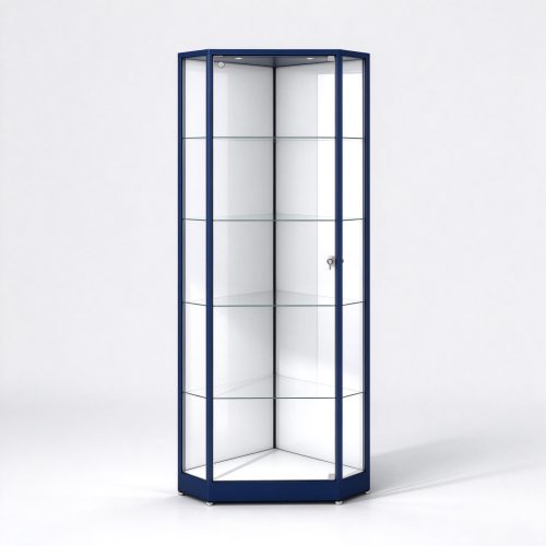 Navy blue triangular corner glass display cabinet right 45 view