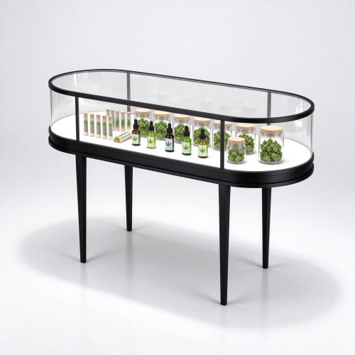 Black metal oval cannabis display table right 45 degree angle