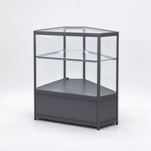 Dark gray low corner glass display counter right 45 view