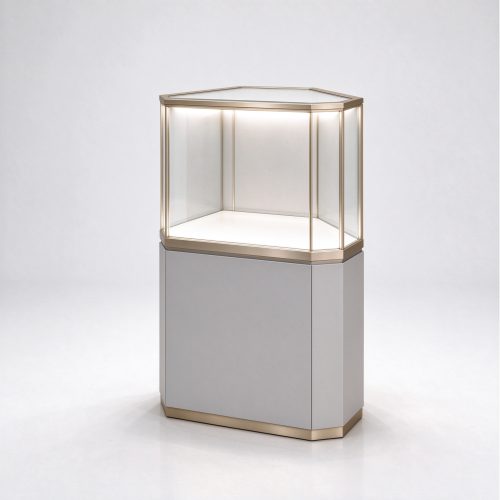 Hexagonal corner jewelry display showcase light gray right 45 view