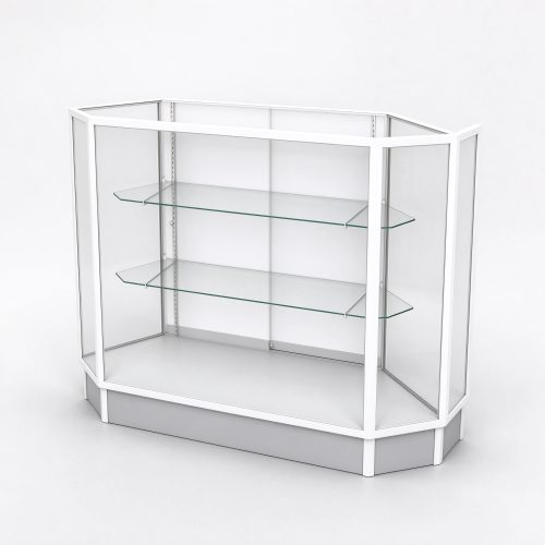White hexagonal corner glass display counter right 45 view