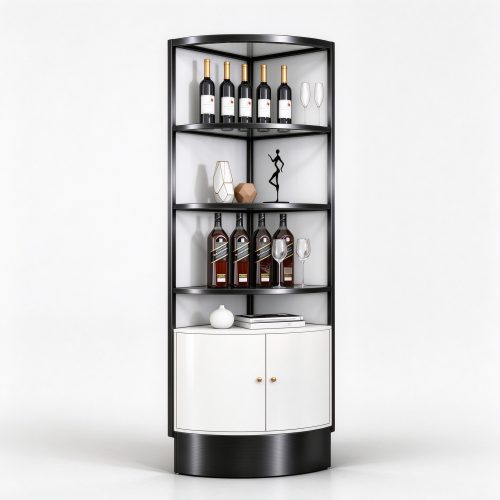 Black titanium curved corner display cabinet right 45 view