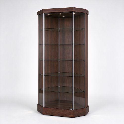Dark walnut hexagonal corner glass display cabinet right 45 view