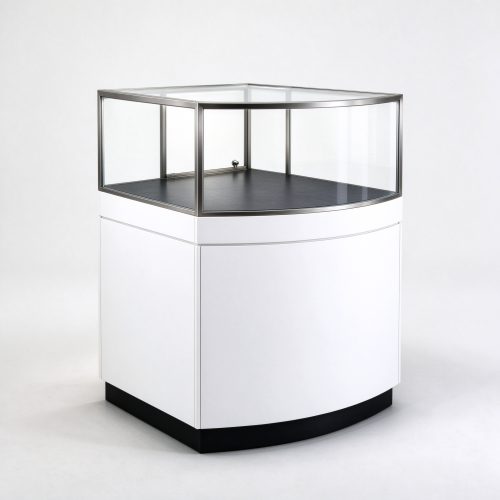 White curved corner glass display counter right 45 view