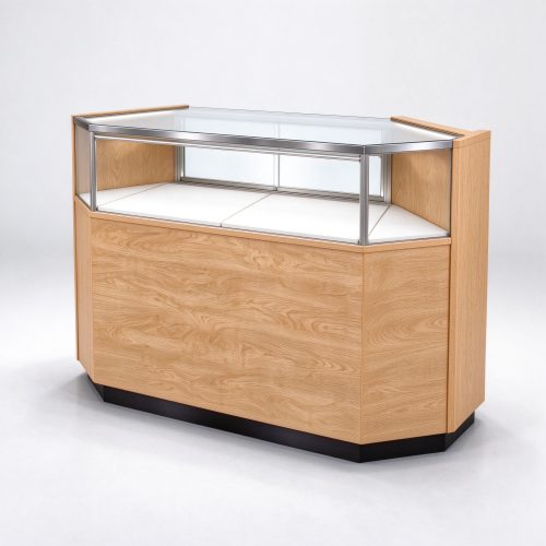 Light oak hexagonal corner display counter right 45 view