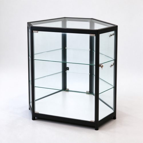 Black aluminum hexagonal corner glass display counter right 45 view