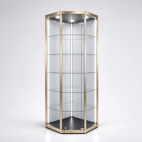 Champagne gold hexagonal corner glass display cabinet right 45 view