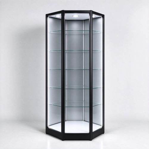 Black aluminum corner glass display cabinet mirror back right 45 view
