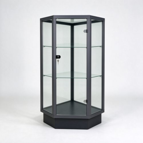 Dark gray hexagonal corner glass display cabinet right 45 view