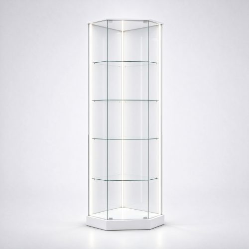 White base frameless hexagonal corner glass display tower right 45 view