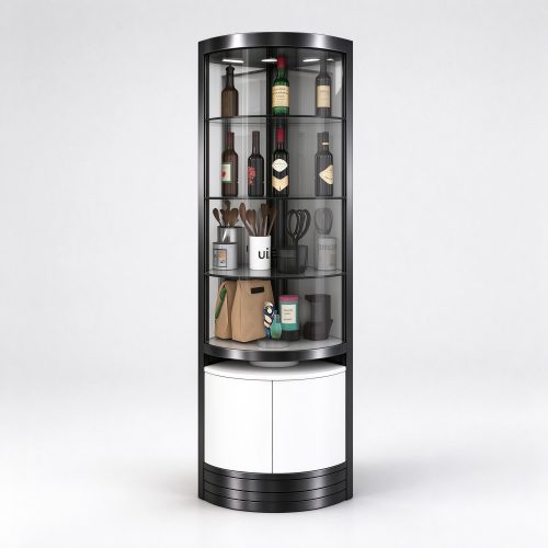 Black titanium curved corner wine display cabinet right 45 view
