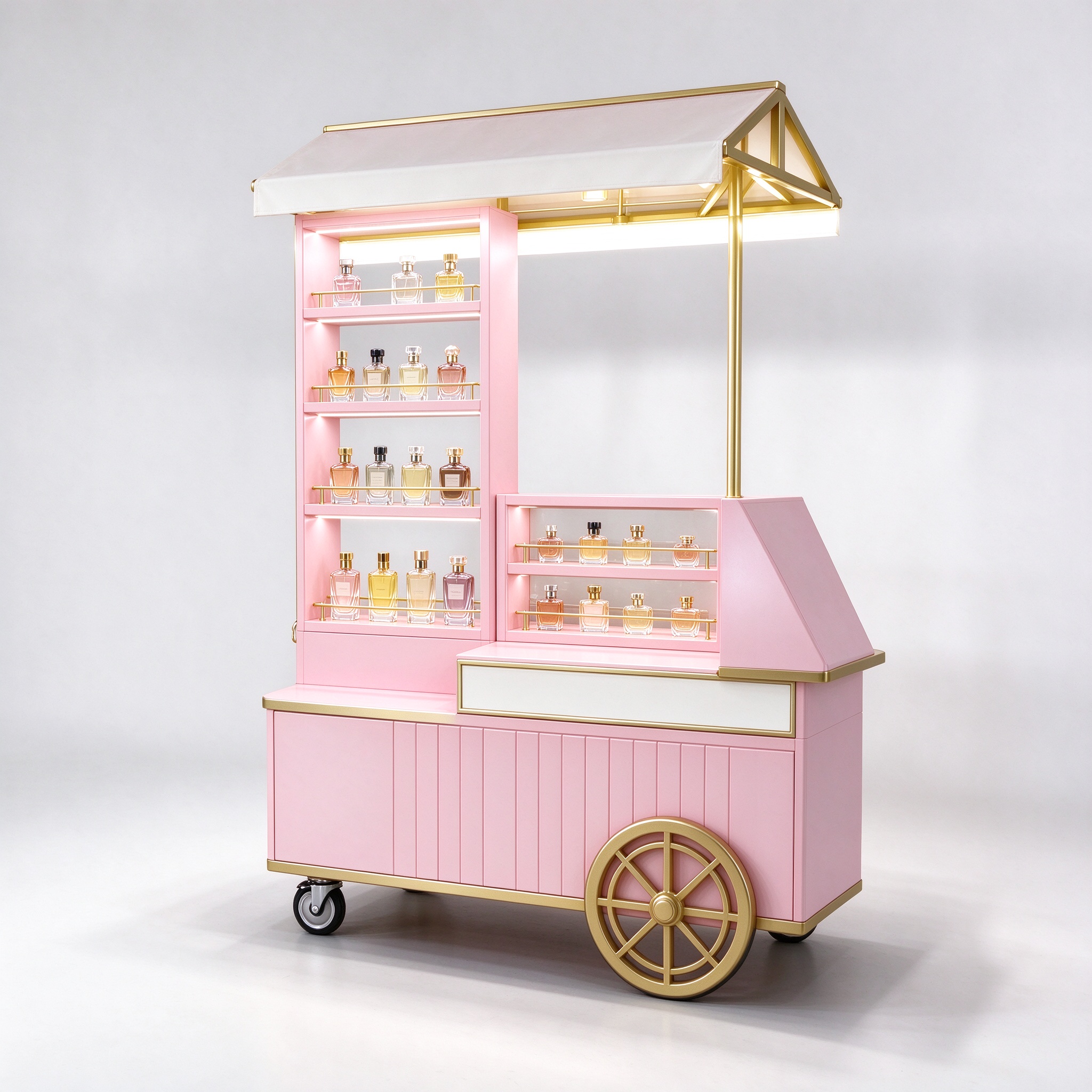 Pink perfume display cart with gold trim right 45 view
