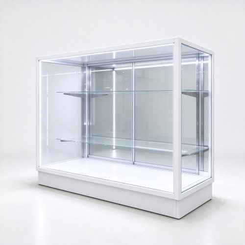 White full vision glass display case right 45 view