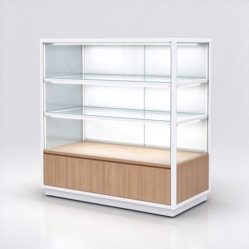 Extra vision glass display case white frame oak base right 45 view